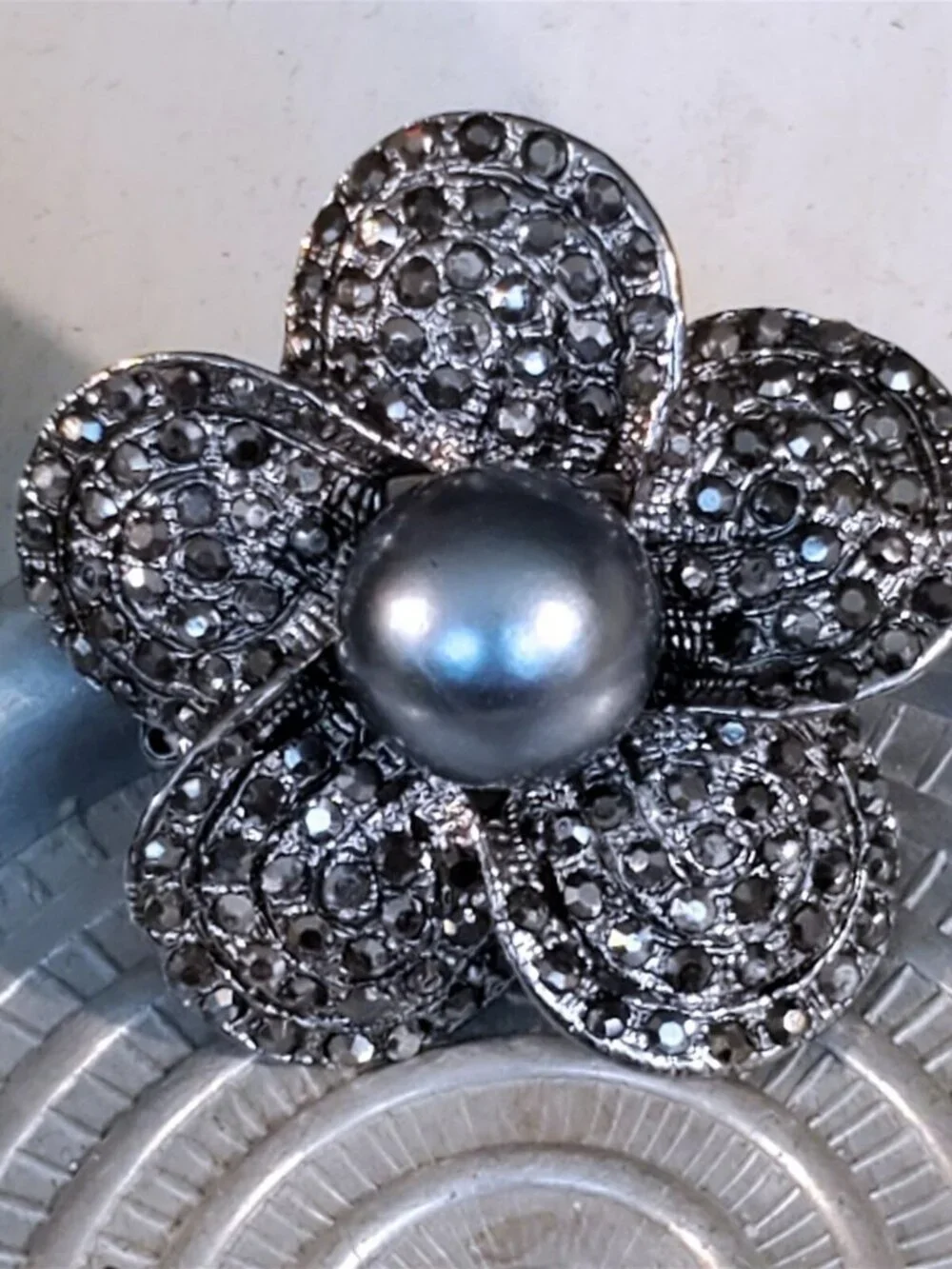 Bold Statement Gunmetal Black Gray Crystal Flower Adjustable Cocktail Ring